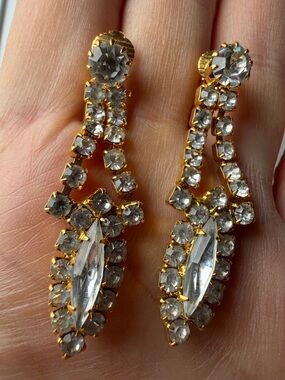 Gold Crystal Drop Clip-On Earrings - Clear Stones